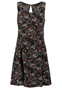 Blumenmusterkleid aus schwarzem Stoff mit tailliertem Oberteil, A-Linien-Form, ärmellosem Design und einem Schlüssellochdetail im Rücken.
