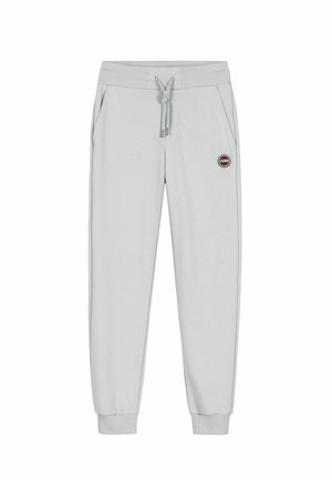 Lichtgrijze sweatpants van zacht materiaal, met een elastische tailleband met trekkoord, zijzakken en een ronde logopatch.