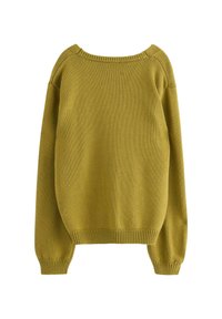 Senapsgul stickad tröja med rund halsringning, sänkt axelparti och ribbade ärmslut och fåll. Mjuk textur, avslappnad design.