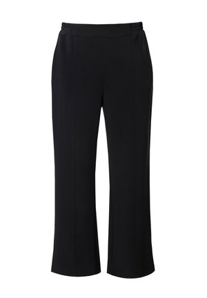 Pantaloni neri a gamba larga con vita elasticizzata, realizzati in un tessuto liscio e testurizzato e caratterizzati da linee pulite, adatti per diverse occasioni.