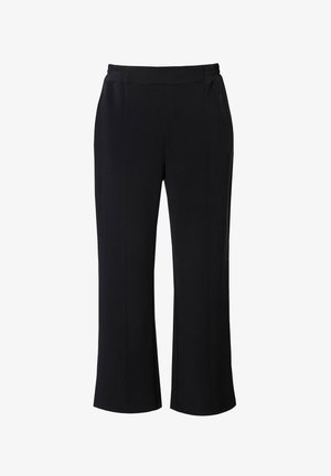 Černé široké kalhoty s elastickým pasem, vyrobené z hladké texturované tkaniny a s čistými liniemi, vhodné pro různé příležitosti.