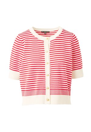 Kurzärmeliger Strickcardigan mit rot-weißen horizontalen Streifen, cremefarbenem Saum und goldenen Knöpfen vorne.