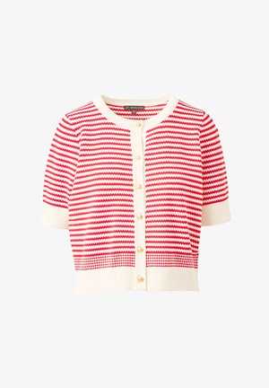 Kurzärmeliger Strickcardigan mit rot-weißen horizontalen Streifen, cremefarbenem Saum und goldenen Knöpfen vorne.