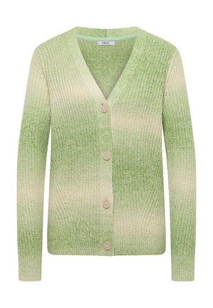Light green knitted cardigan with a gradient design, V-neck, six buttons down the front, and ribbed cuffs and hem.