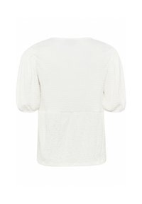 Weiße, strukturierte Bluse mit kurzen, puffärmeln und rundem Ausschnitt. Der Rücken ist leicht an der Taille gerafft für einen entspannten Sitz.