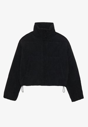 Schwarze Cordjacke mit Cropped-Schnitt, hohem Kragen, Druckknöpfen und zwei Seitentaschen. Verfügt über einen verstellbaren Kordelzug am Saum.