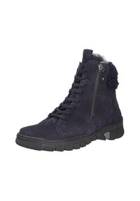Marineblauwe suède enkelboots met veters, een rits aan de zijkant en een zachte bontkraag, voorzien van een dikke zwarte rubberen zool met een gestructureerde grip.