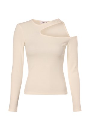 Top côtelé à manches longues de couleur crème avec une découpe asymétrique à l'épaule droite et un col rond haut côté gauche.