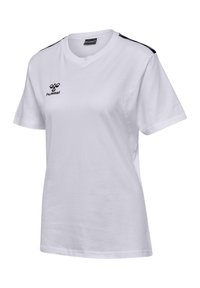 Hvid bomulds t-shirt med V-udskæring, sorte skulder accenter og et lille sort logo på brystet. Korte ærmer, afslappet pasform.