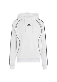 Witte hoodie met zwarte details, voorzien van een trekkoord in de capuchon, geribde manchetten en een kangoeroezak. Gemaakt van zachte stof met een gladde textuur.