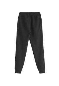 Sorte sweatpants med elastisk talje og manchetter, glat tekstur, tætsiddende pasform, minimalistisk design, uden synlige logoer eller mønstre.