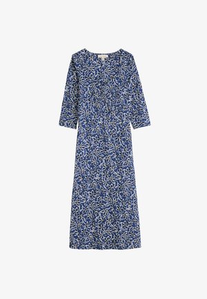 Laivansinis mekko, jossa on valkoinen kukkakuosi, pitkät hihat, pyöreä kaula-aukko ja r gathered vyötärömuotoilu, valmistettu keveästä kankaasta.