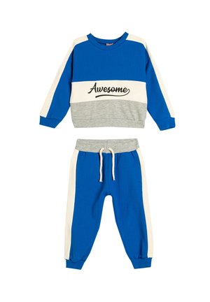 Niebieski i szary zestaw bawełnianej bluzy i spodni dresowych. Bluza ma napis "Awesome", kontrastowe rękawy i elastyczne mankiety. Spodnie mają ściągacz w talii.