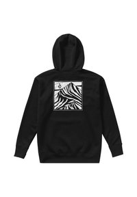 Hoodie noir avec poche kangourou, finition texturée, et un graphique de montagne blanche à l'intérieur d'un carré au dos, comportant des motifs de lignes ondulées.