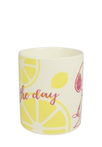 Ceramic mug with a cream background featuring yellow lemon slices and a pink graphic. Text reads "make the day" in a playful font.