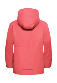 Giacca impermeabile rossa con cappuccio, dotata di accenti grigi, texture liscia e design di lunghezza media, adatta per attività all'aperto.