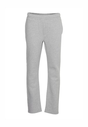 Gray sweatpants made of soft fabric, featuring an elastic waistband, straight legs, and side pockets. Smooth texture with minimal detailing.