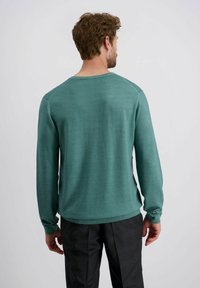 Grüner gestrickter Pullover mit langen Ärmeln, rundem Ausschnitt und gerippten Bündchen und Saum. Glatte Textur mit dezentem Glanz, getragen zu dunklen Hosen.