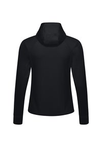 Hoodie nero realizzato in tessuto morbido ed elasticizzato. Presenta un collo alto, maniche lunghe e un orlo curvo. Design semplice e senza cuciture, senza loghi visibili.