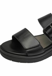Sandal in pelle nera con fascia larga e fibbia regolabile. Presenta una suola nera robusta e una superficie liscia e lucida.