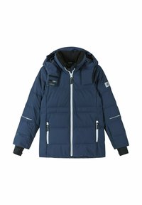 Navy gepolsterte Jacke mit Kapuze, Reißverschluss vorne, Seitentaschen und elastischen Bündchen. Sie hat weiße Akzente und eine kleine Brusttasche.