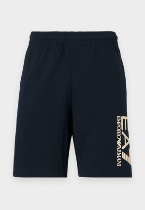 Navy blue cotton shorts with an elastic waistband. Features a large gold "EA7" logo and "Emporio Armani" text on the left leg.