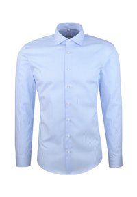 Camicia a righe blu chiaro con maniche lunghe, patta con bottoni e colletto classico. Realizzata in un tessuto morbido con una leggera lucentezza.