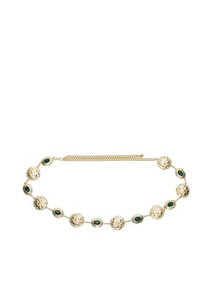 Gold chain belt with alternating hammered circular links and oval green gemstone settings, featuring an adjustable clasp closure.