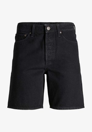 Schwarze Jeansshorts aus Denim mit klassischem Fünf-Taschen-Design, vorderer Knopfverschluss und geradem Bein.