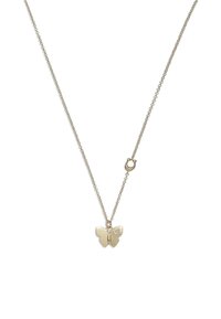 Zilveren ketting met een vlinderhanger en een kleine edelsteenaccent. De vlinder heeft een gladde afwerking en delicate vleugels.