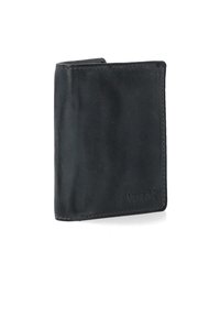 Sort læderpung med en struktureret overflade, bi-fold design og syninger langs kanterne. Har et logo prægget i nederste højre hjørne.