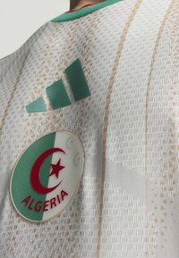 White jersey with textured fabric, featuring green accents and an embroidered red, green, and white Algeria crest. Adidas logo in green.