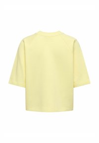 Vue arrière d'un sweat-shirt à manches courtes de couleur jaune pâle uni, avec des manches raglan et un col rond.