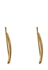 Orecchini color oro con un design elegante e curvato. Realizzati in metallo, presentano una finitura lucida e una superficie liscia con accenti minimalisti.