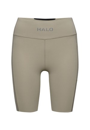 Beżowe szorty sportowe z wysokim stanem, wykonane z elastycznego materiału. Posiadają logo z przodu oraz kontrastowe szwy po bokach.