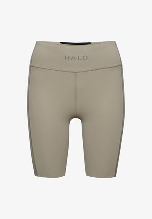 Beżowe szorty sportowe z wysokim stanem, wykonane z elastycznego materiału. Posiadają logo z przodu oraz kontrastowe szwy po bokach.