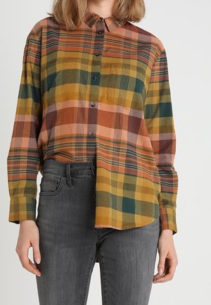 Kobieta ubrana w długorękawową koszulę w kratę w odcieniach musztardowym, zielonym, różowym i brązowym, zestawioną z ciemnoszarymi dżinsami.