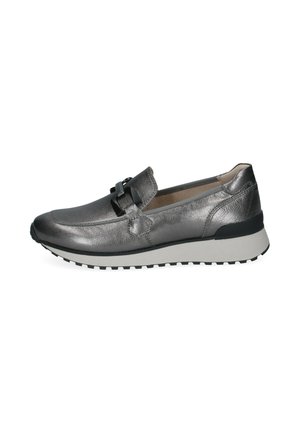Mocassin en cuir gris métallisé à enfiler avec détail de boucle noire, semelle blanche coussinée et semelle extérieure crantée pour une bonne adhérence.