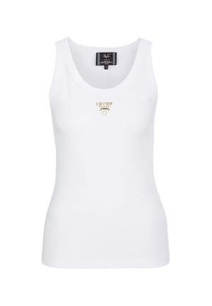 Weißes ärmelloses, geripptes Tanktop mit goldenem "19V69 ITALIA"-Logo und kleinem Emblem darunter auf der Brust, Größe klein, Etikett innen im Kragen.