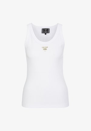 Weißes ärmelloses, geripptes Tanktop mit goldenem "19V69 ITALIA"-Logo und kleinem Emblem darunter auf der Brust, Größe klein, Etikett innen im Kragen.