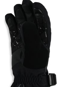 Schwarze Handschuhe mit einer strukturierten Lederhandfläche, einem glatten schwarzen Stoffrücken und einem sicheren elastischen Band mit einer Schnalle zur Anpassung der Passform.