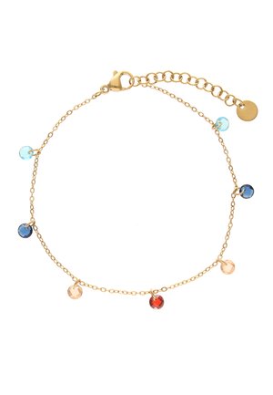 Finom arany lánc karkötő homárkapoccsal, hat kis kerek színes gyönggyel kék, sötétkék, piros és őszibarack tónusokban.