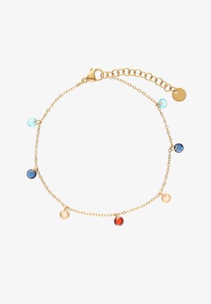 Delicate gold chain bracelet with lobster clasp, featuring six small round colorful beads in blue, dark blue, red, and peach tones.