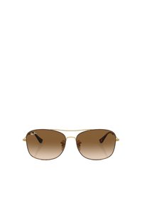 Occhiali da sole con montatura in metallo dorato, lenti sfumate marroni e punte auricolari nere. Presentano un design unico a doppio ponte e il logo Ray-Ban.