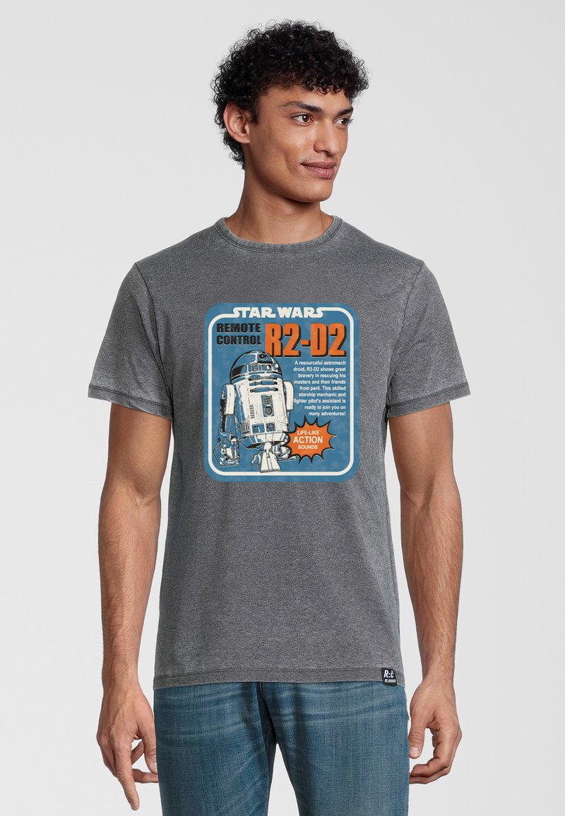 Grå t-shirt med et livligt blåt og orange grafik af R2-D2 med tekst, der illustrerer et vintage design og blødt bomuldsstof.