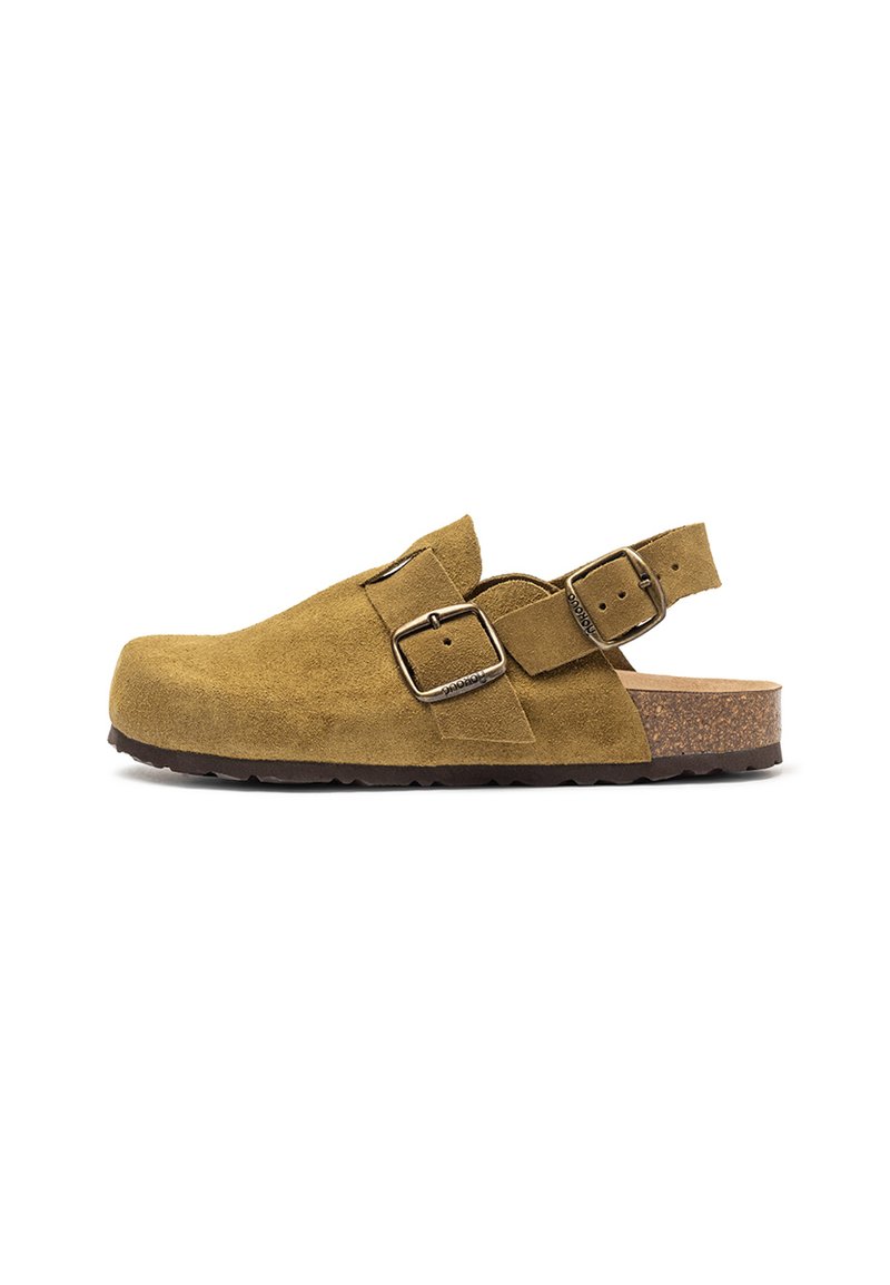 Suede clogs in olive green with two adjustable buckles, a cork footbed, and a rubber sole. Open back design for easy wear.