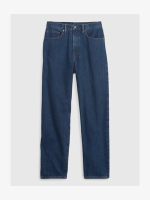 Jeans in denim di colore blu scuro con taglio dritto, caratterizzati da un design a cinque tasche, bottone in alto e rivetti in rame.