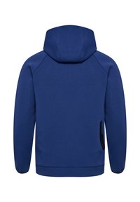 Felpa blu con cappuccio vista da dietro con maniche lunghe e una tasca nera con zip sul lato inferiore destro.