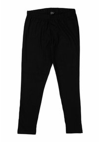 Leggings neri con elastico in vita, dal taglio aderente, design semplice e gamba alla caviglia, distesi su uno sfondo bianco.