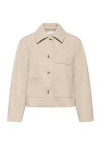 Veste en mélange de laine beige avec un col, des boutons dorés, deux poches avant et une finition texturée. Design droit avec des manches longues.